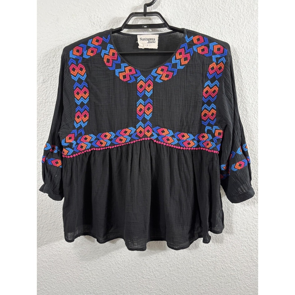 Savanna Jane Blouse Womens Large Black Embroidered Geometric Boho Tunic Top